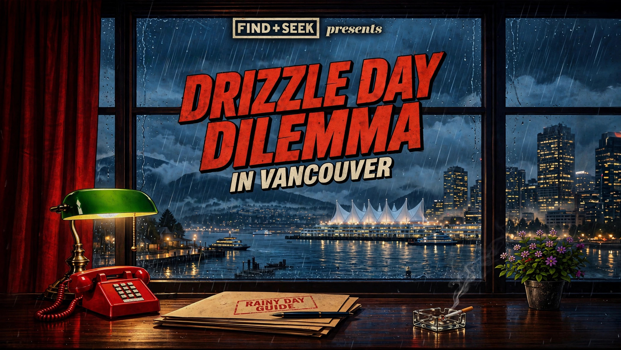 Find and Seek presents Drizzle Day Dilemma in Vancouver: a rainy night view across the harbour to Canada Place, in the style of a vintage movie poster