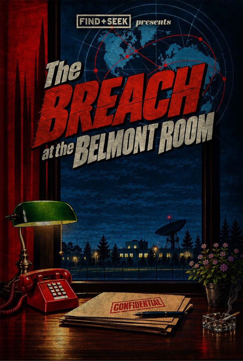 Poster for The Breach at the Belmont Room — a Cold War listening post at night, with a red telephone