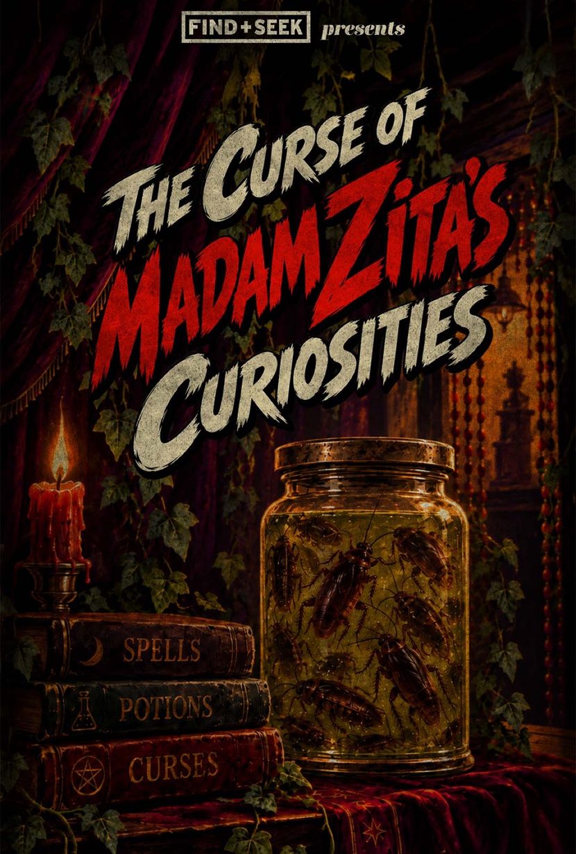 Poster for The Curse of Madame Zita’s Curiosities — a mysterious curio shop