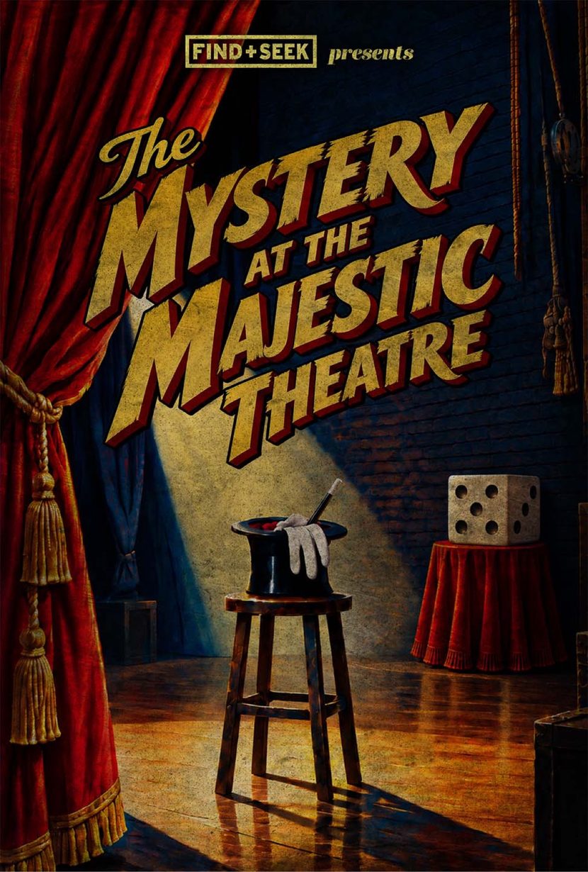 Poster for The Mystery at the Majestic Theatre — a vintage theatre stage